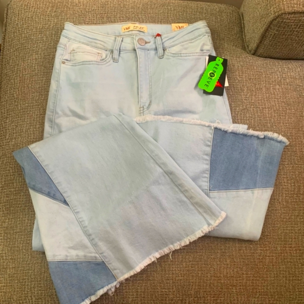 Two Tone Patchwork Fit and Flare Bell Bottom Hippie Boho Jeans Size 9 NEW